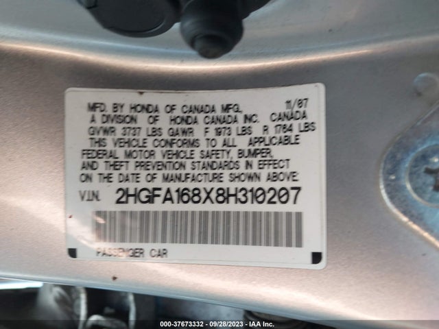 2008 HONDA CIVIC SDN EX VIN: 2HGFA168X8H310207