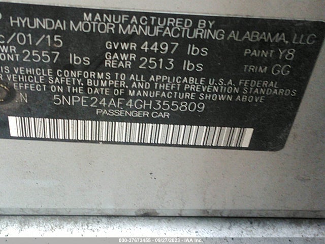 2016 HYUNDAI SONATA SE VIN: 5NPE24AF4GH355809