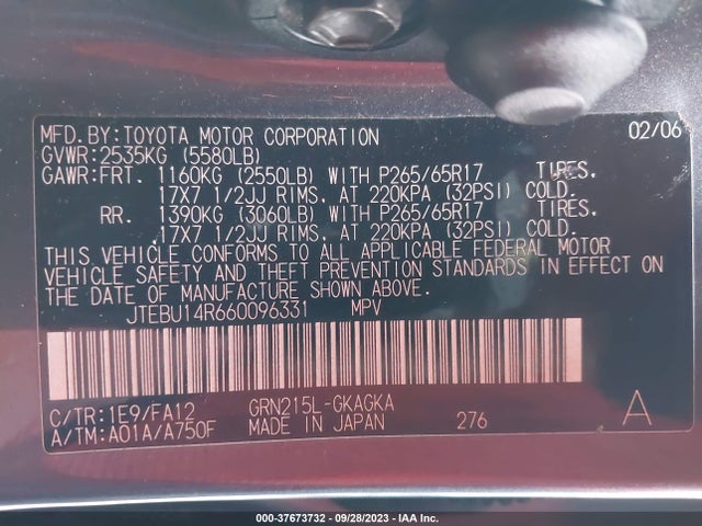 2006 TOYOTA 4RUNNER SR5 SPORT V6/SR5 V6 VIN: JTEBU14R660096331