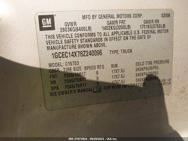 2008 CHEVROLET SILVERADO 1500 WORK TRUCK VIN: 1GCEC14X78Z240096