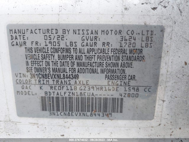 Nissan VERSA SV 2022 3N1CN8EVXNL844349 Image 9