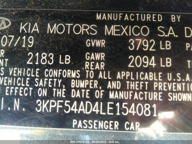 2020 KIA FORTE EX VIN: 3KPF54AD4LE154081