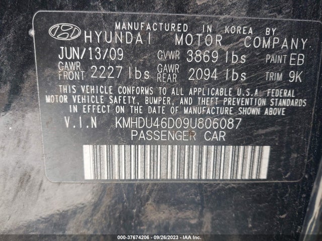 2009 HYUNDAI ELANTRA GLS PZEV VIN: KMHDU46D09U806087