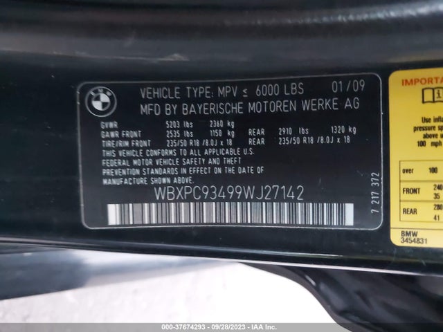 2009 BMW X3 XDRIVE30I VIN: WBXPC93499WJ27142