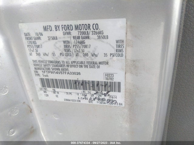 2007 FORD F-150 XLT/FX4/LARIAT/KING RANCH VIN: 1FTPW14V57FA33026