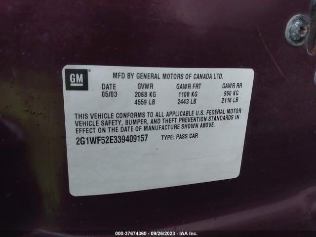 2003 CHEVROLET IMPALA VIN: 2G1WF52E339409157