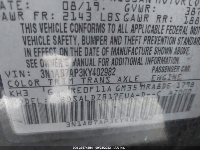 2019 NISSAN SENTRA SV VIN: 3N1AB7AP3KY402982