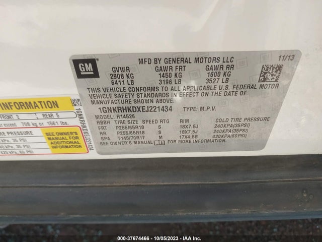 Chevrolet Traverse Lt 2014 1GNKRHKDXEJ221434 Image 9