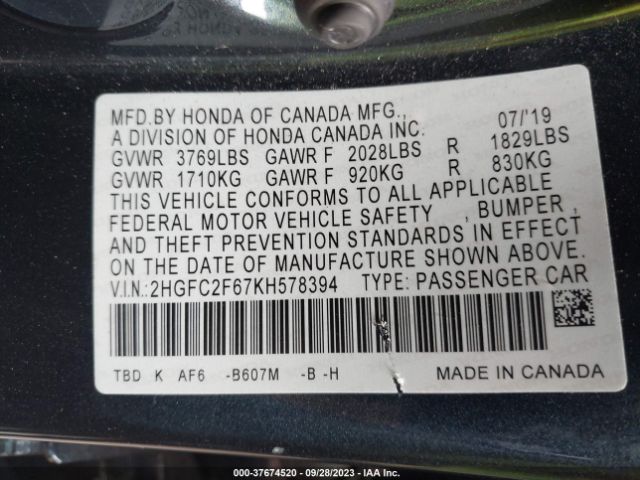 2HGFC2F67KH578394 Honda Civic Sedan Lx
