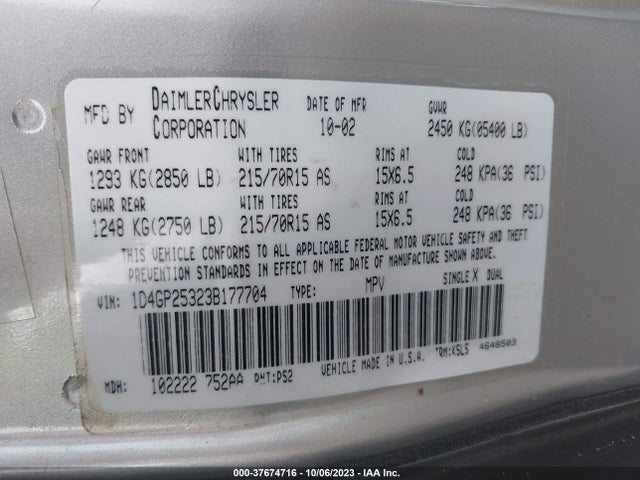 2003 DODGE CARAVAN SE VIN: 1D4GP25323B177704