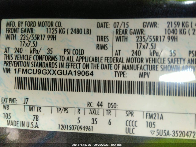 Ford ESCAPE SE 2016 1FMCU9GXXGUA19064 Image 9