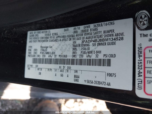 2011 FORD FIESTA SE VIN: 3FADP4BJ8BM134528