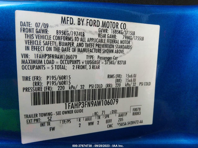 2010 FORD FOCUS SE VIN: 1FAHP3FN9AW106079