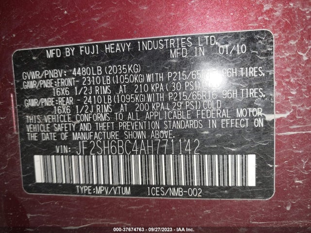 37674763 :رقم المزاد ، JF2SH6BC4AH771142 vin ، 2010 Subaru Forester 2.5x مزاد بيع