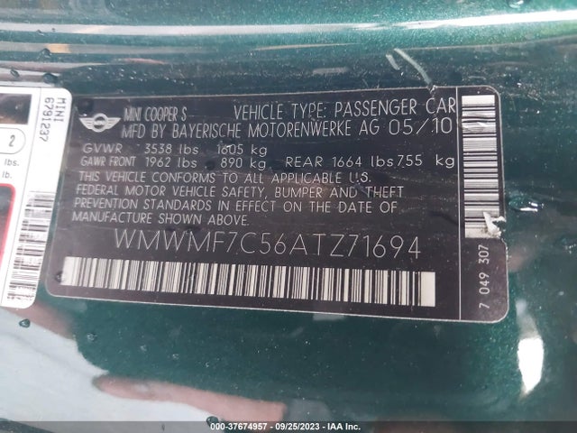 2010 MINI COOPER S WMWMF7C56ATZ71694 Photo 8