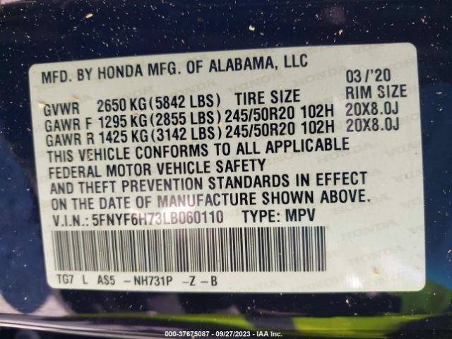 5FNYF6H73LB060110 Honda Pilot Black Edition