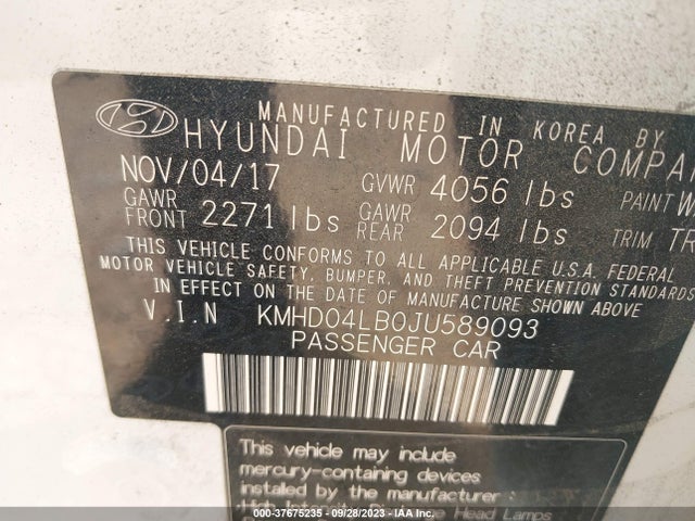 2018 HYUNDAI ELANTRA SPORT VIN: KMHD04LB0JU589093