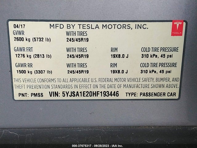 5YJSA1E20HF193446 Tesla Model S 100d/90d/75d/60d/p100d