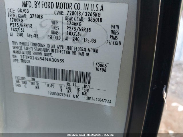 Aukcja sprzedaży 2004 Ford F-150 Xlt/fx4/lariat/xl, vin: 1FTPX14554NA30559, numer aukcji: 37675423