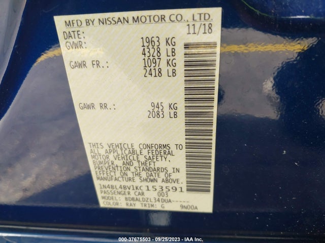 Продажа на аукционе авто 2019 Nissan Altima 2.5 S, vin: 1N4BL4BV1KC153591, номер лота: 37675503