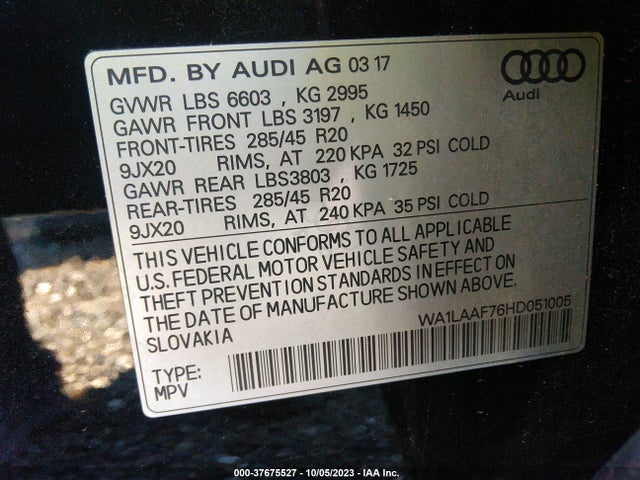 2017 AUDI Q7 PREMIUM PLUS VIN: WA1LAAF76HD051005