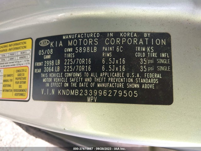 2009 KIA SEDONA LX VIN: KNDMB233996279505