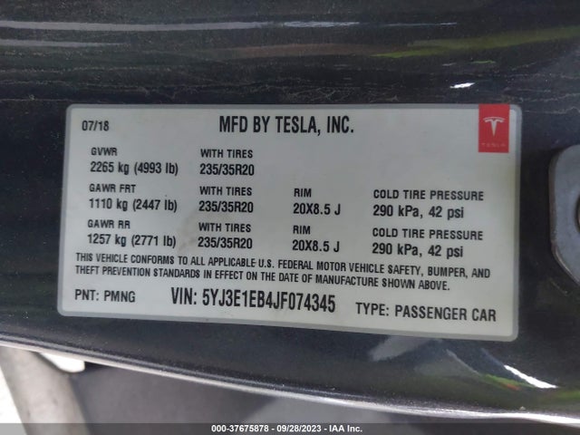 2018 Tesla 3, VIN: 5YJ3E1EB4JF074345