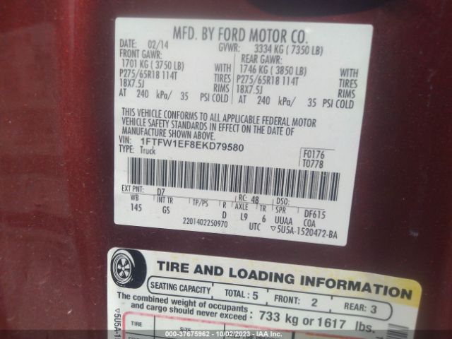 1FTFW1EF8EKD79580 Ford F-150 Xl/xlt/stx/fx4/lariat