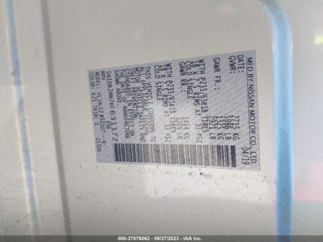 5N1DR2MN7KC631172 Nissan Pathfinder Sv