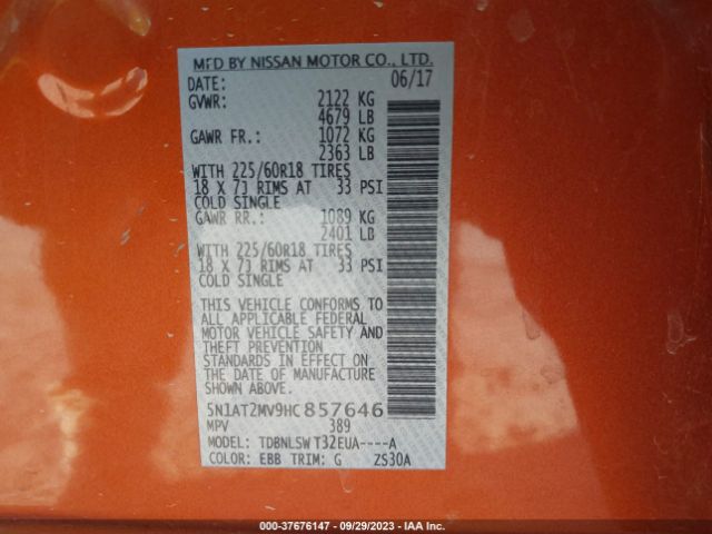 5N1AT2MV9HC857646 Nissan Rogue Sl