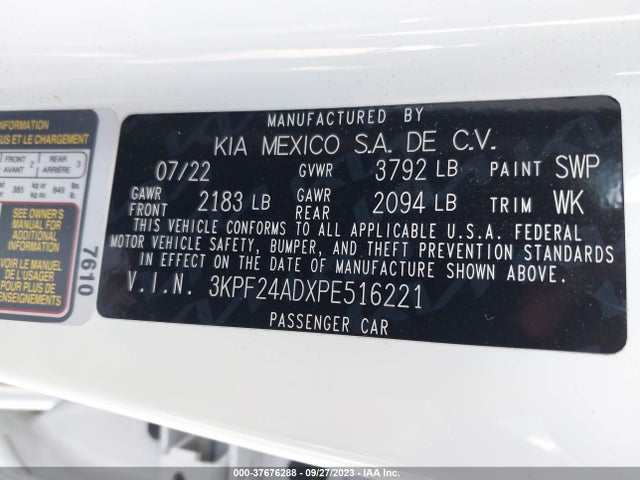 2023 KIA FORTE LXS VIN: 3KPF24ADXPE516221