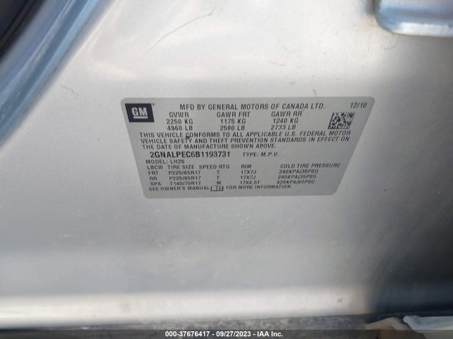 2011 CHEVROLET EQUINOX LT W/2LT VIN: 2GNALPEC6B1193731