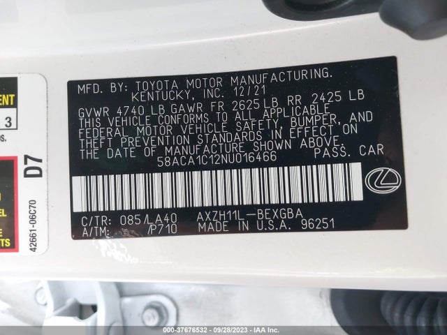 2022 Lexus ES, VIN: 58ACA1C12NU016466