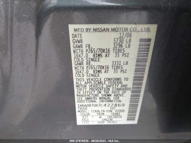 2007 NISSAN FRONTIER SE VIN: 1N6AD07UX7C427869