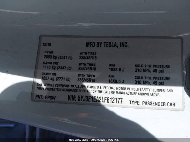 5YJ3E1EA2LF612177 Tesla Model 3 Standard Range