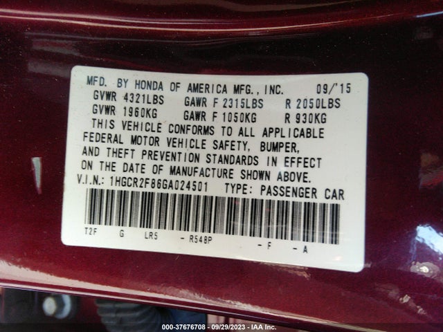 2016 HONDA ACCORD SEDAN EX-L VIN: 1HGCR2F86GA024501