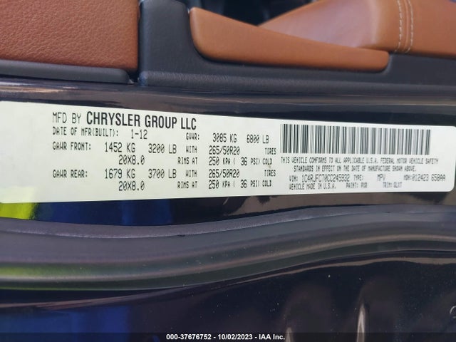2012 JEEP GRAND CHEROKEE OVERLAND SUMMIT VIN: 1C4RJFCT0CC245932
