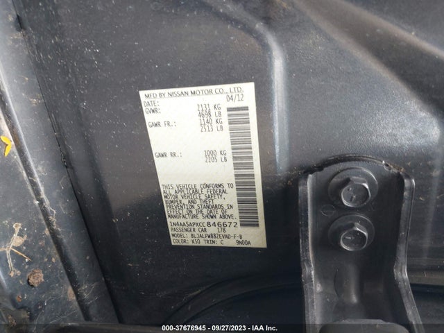 2012 NISSAN MAXIMA 3.5 SV VIN: 1N4AA5APXCC846672