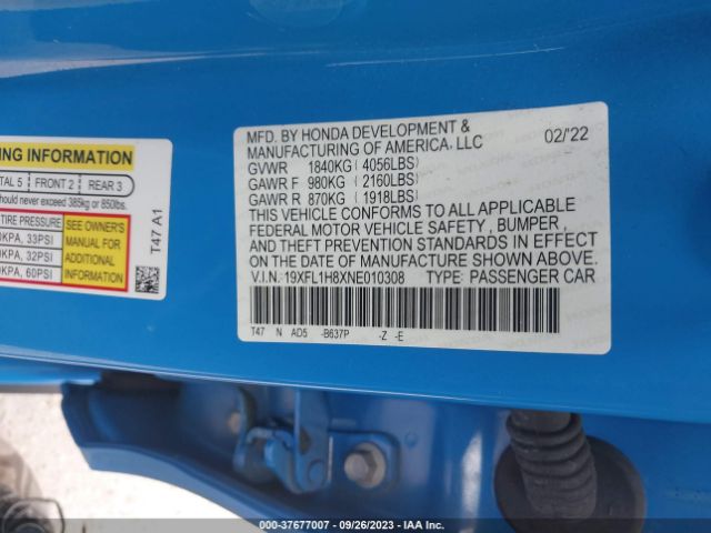 19XFL1H8XNE010308 Honda Civic Hatchback Sport Touring