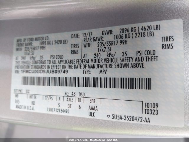 1FMCU0GD9JUB09749 Ford ESCAPE SE