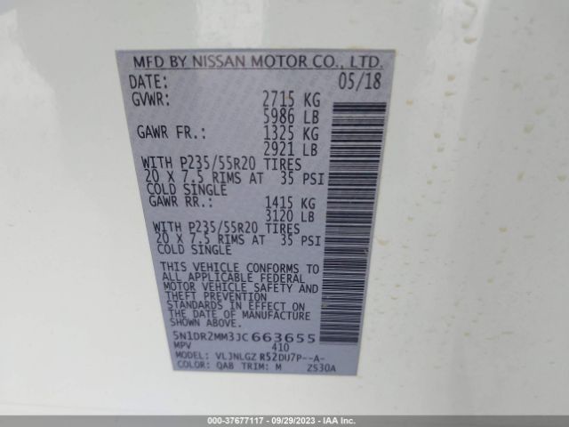 5N1DR2MM3JC663655 Nissan Pathfinder Sl