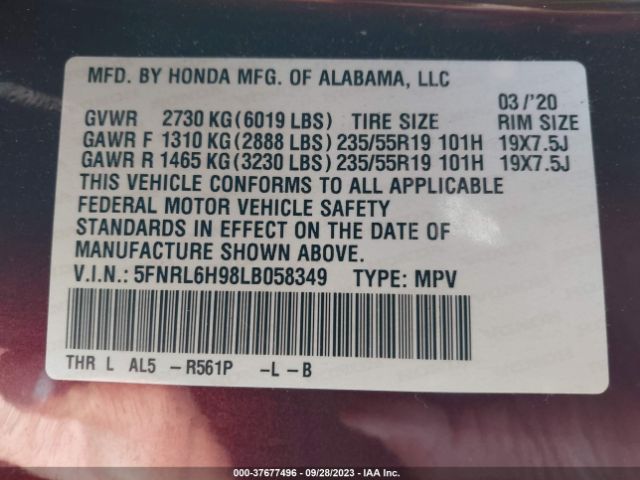 5FNRL6H98LB058349 Honda Odyssey Elite