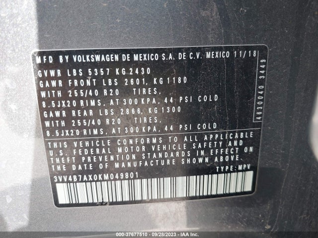 3VV4B7AX0KM049801 Volkswagen Tiguan Sel Premium