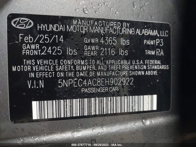 2014 HYUNDAI SONATA SE VIN: 5NPEC4AC8EH902922