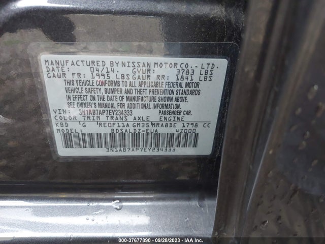 2014 NISSAN SENTRA S/FE+ S/SV/FE+ SV/SR/SL VIN: 3N1AB7AP7EY234333