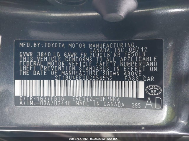 2013 TOYOTA COROLLA L/LE/S VIN: 2T1BU4EE0DC956552
