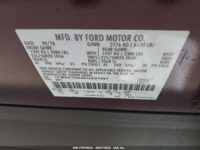 1FM5K7D84KGA07497 Ford EXPLORER XLT