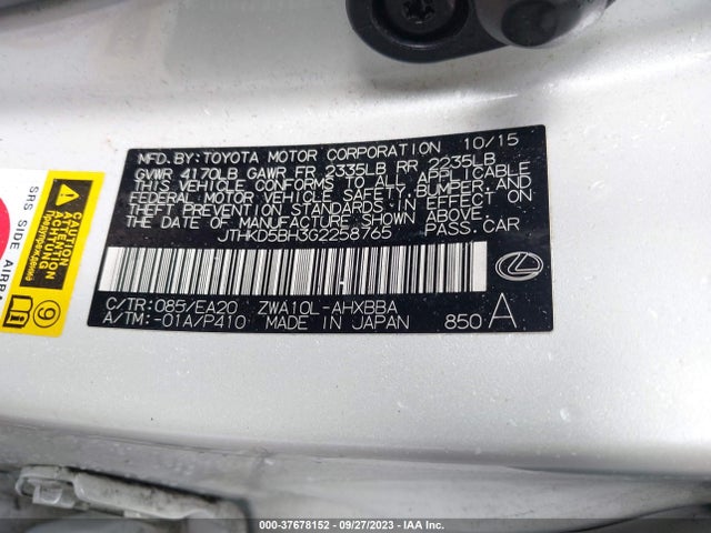 JTHKD5BH3G2258765 Lexus Ct 200h Hybrid