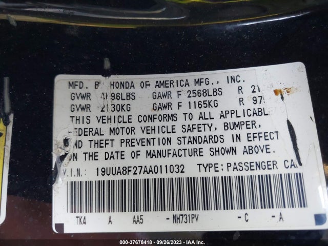2010 ACURA TL VIN: 19UUA8F27AA011032