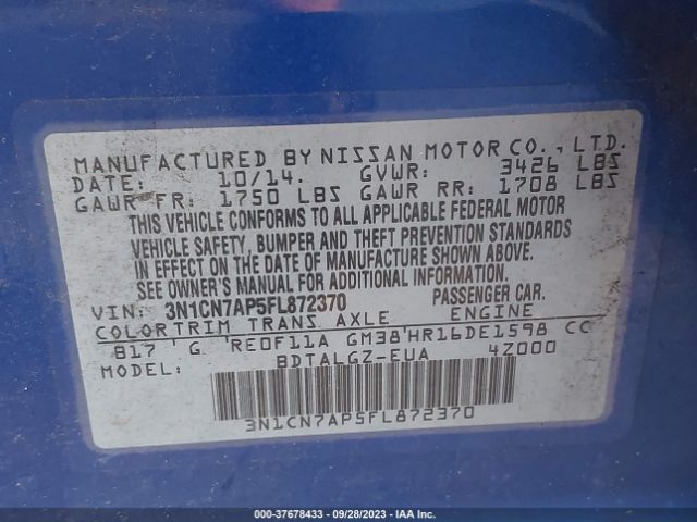 3N1CN7AP5FL872370 Nissan Versa Sl